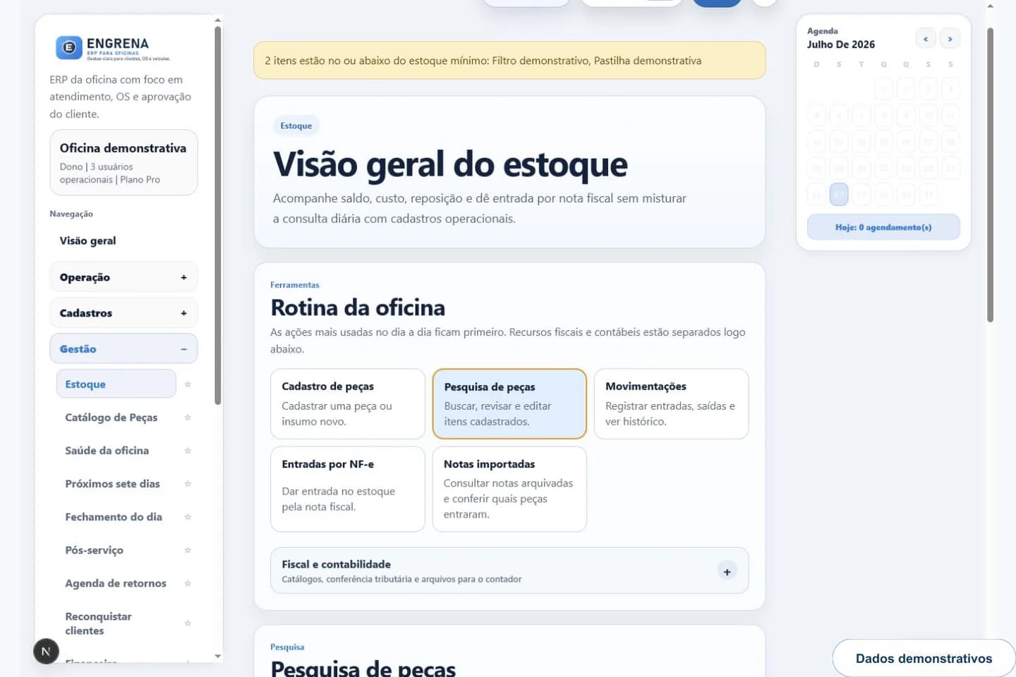 Sistema de controle de estoque para oficina mecânica do Engrena com saldo, custo, estoque mínimo e movimentações